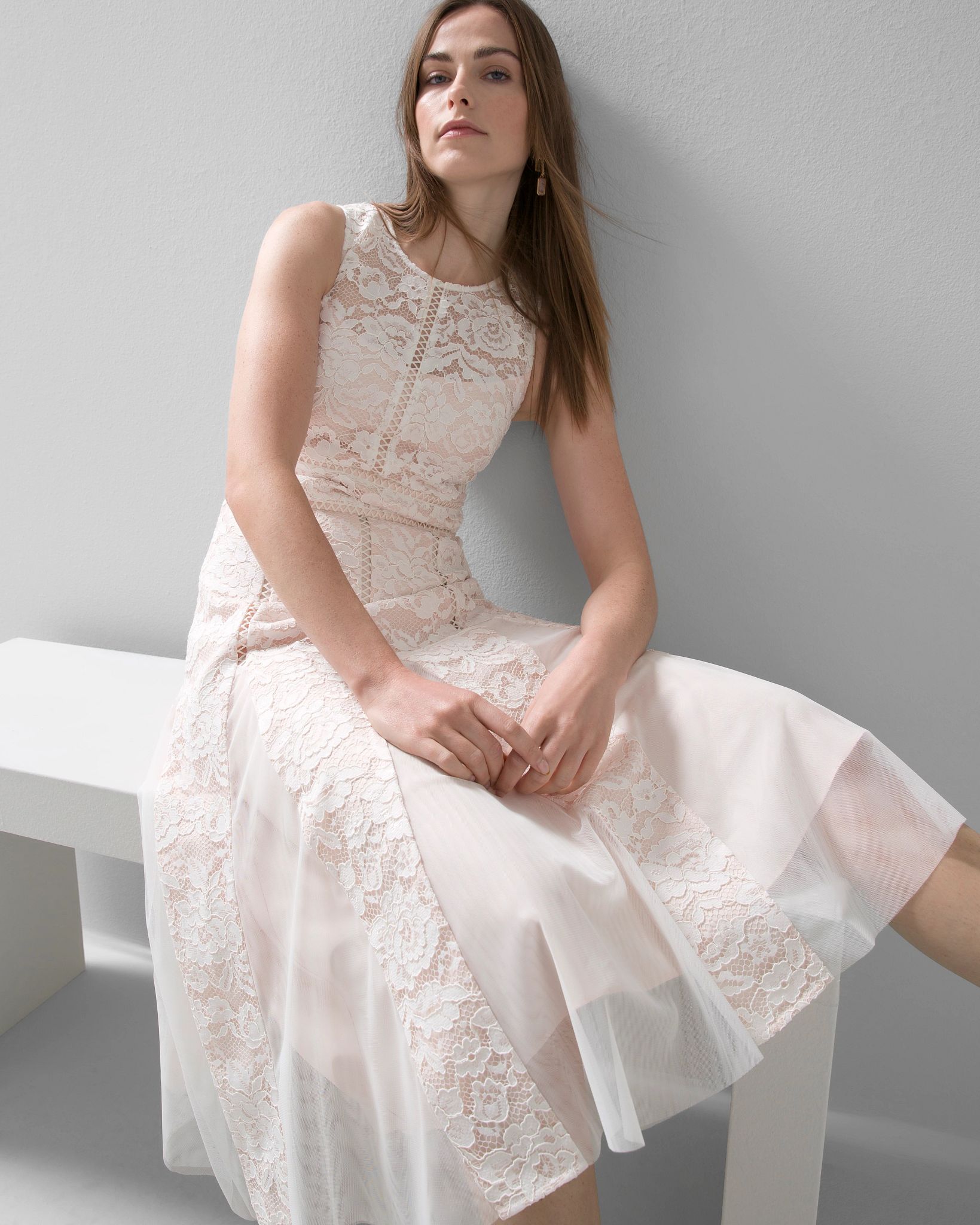 White lace fit and flare dress on sale